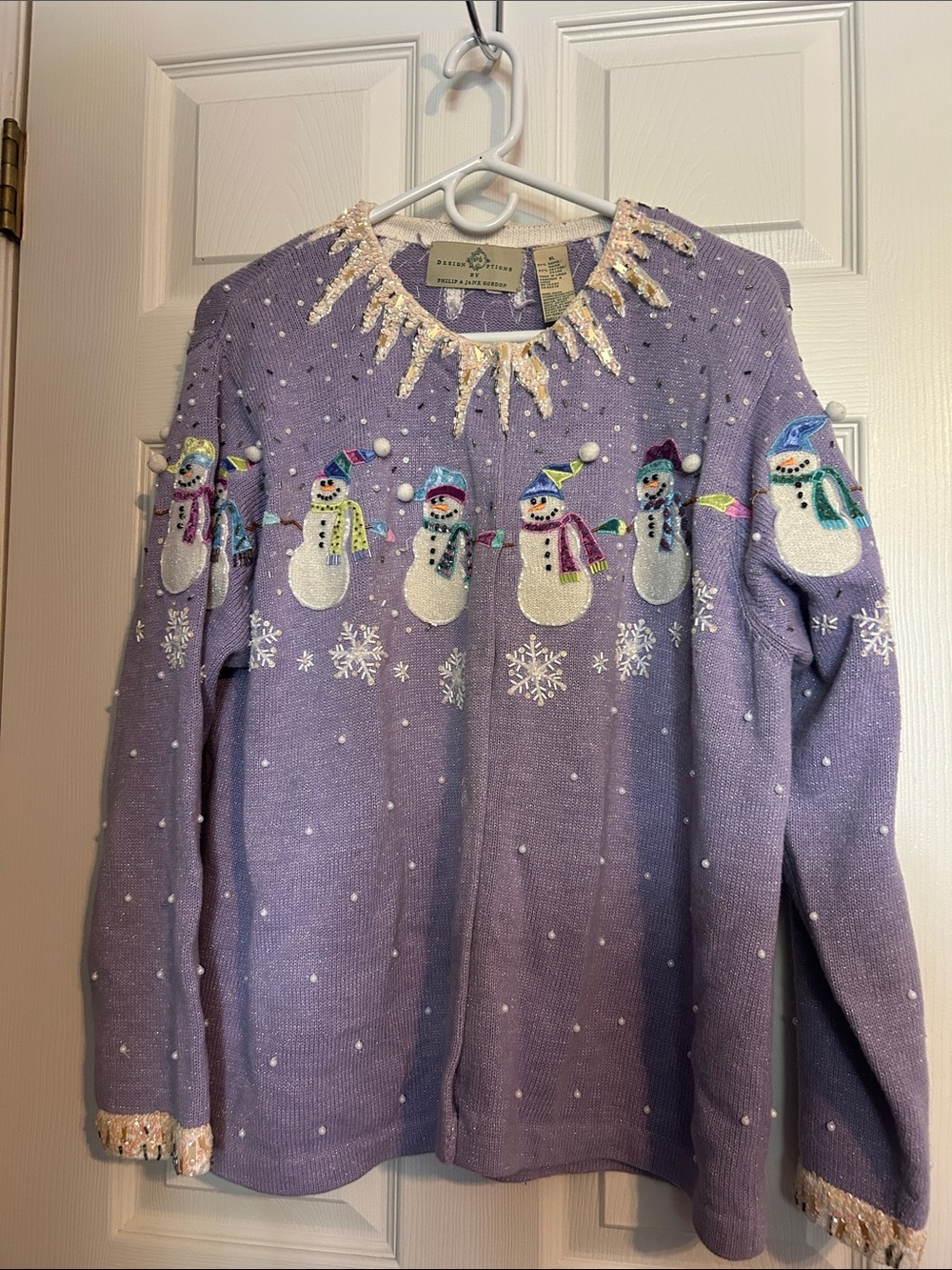 Vintage Lavender Snowman Crewneck Sweater with Beaded Trim